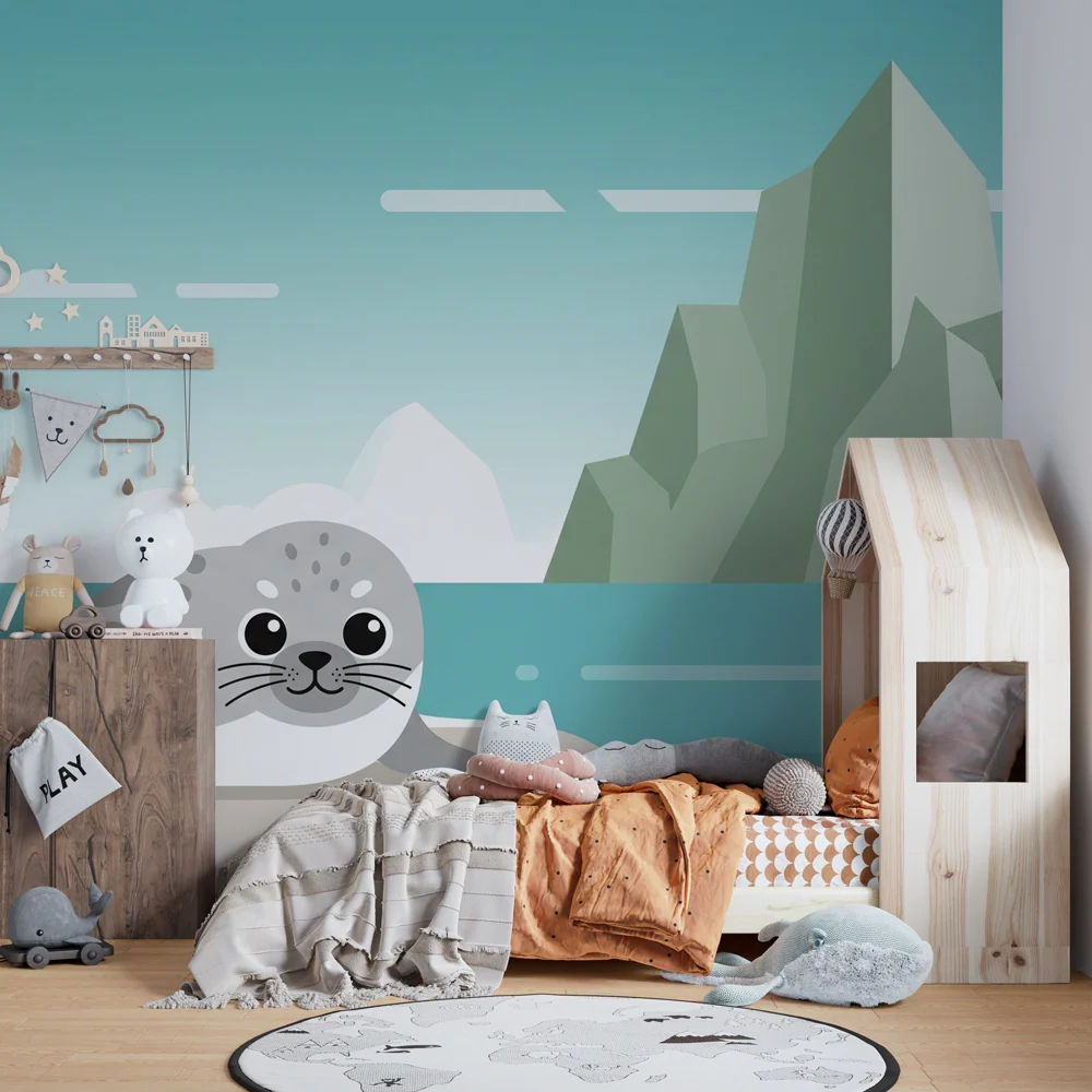 Papier peint chambre enfant | Petit phoque et paysages glacials