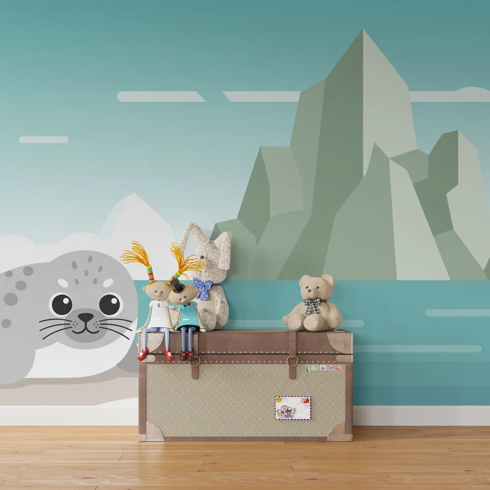 Papier peint chambre enfant | Petit phoque et paysages glacials