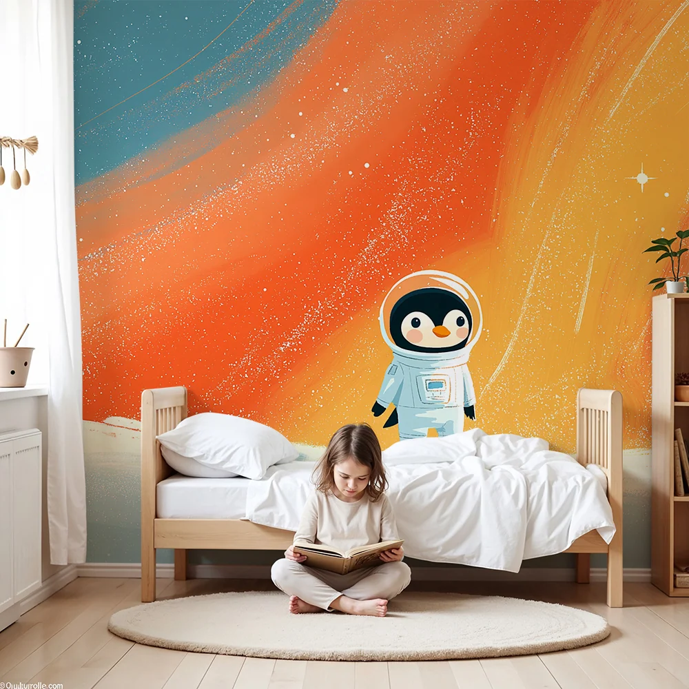 Papier peint chambre enfant | Pingouin astronaute explorant l'espace coloré