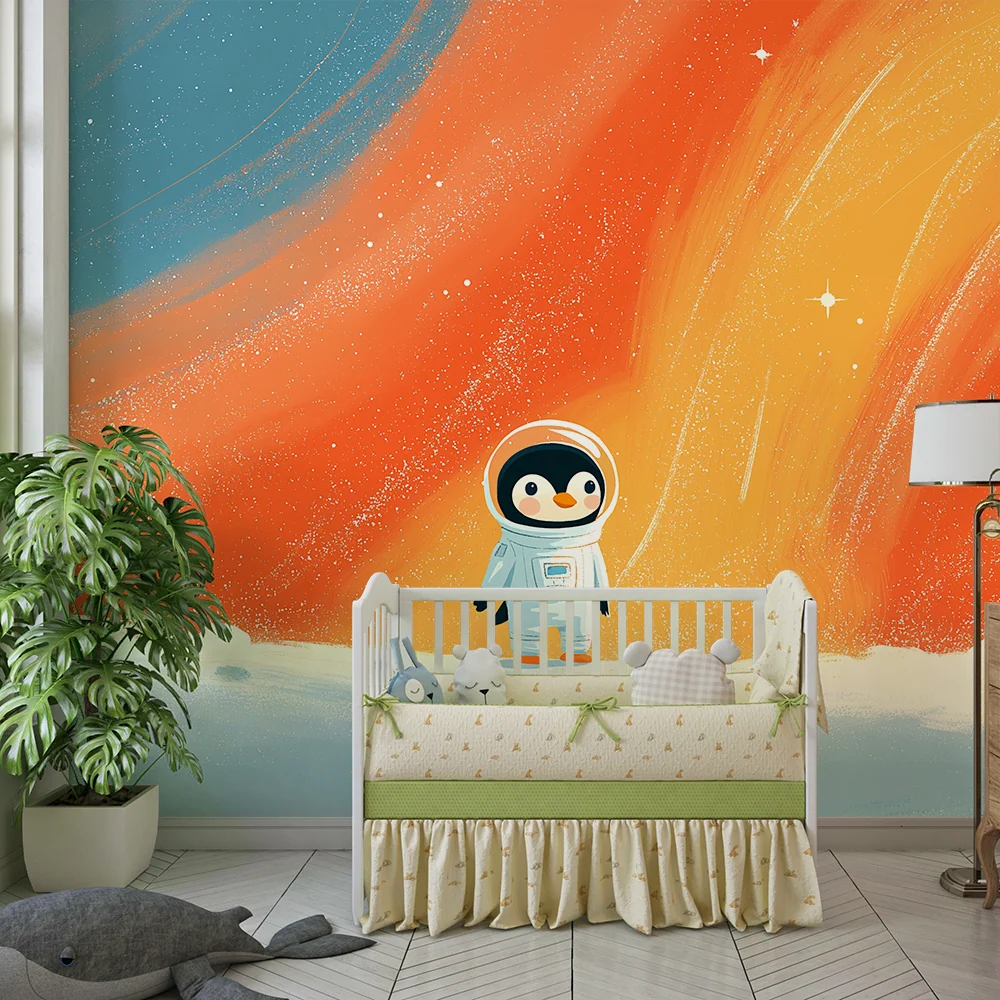 Papier peint chambre enfant | Pingouin astronaute explorant l'espace coloré