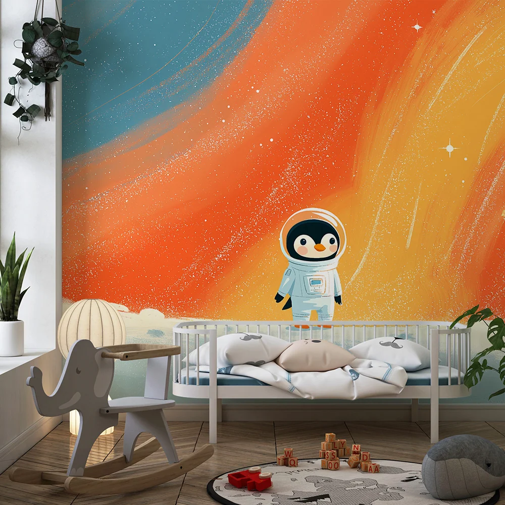 Papier peint chambre enfant | Pingouin astronaute explorant l'espace coloré