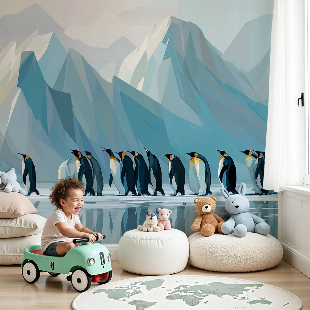 Papier peint chambre enfant | Pingouins marchant sur la glace avec montagnes en arrière-plan