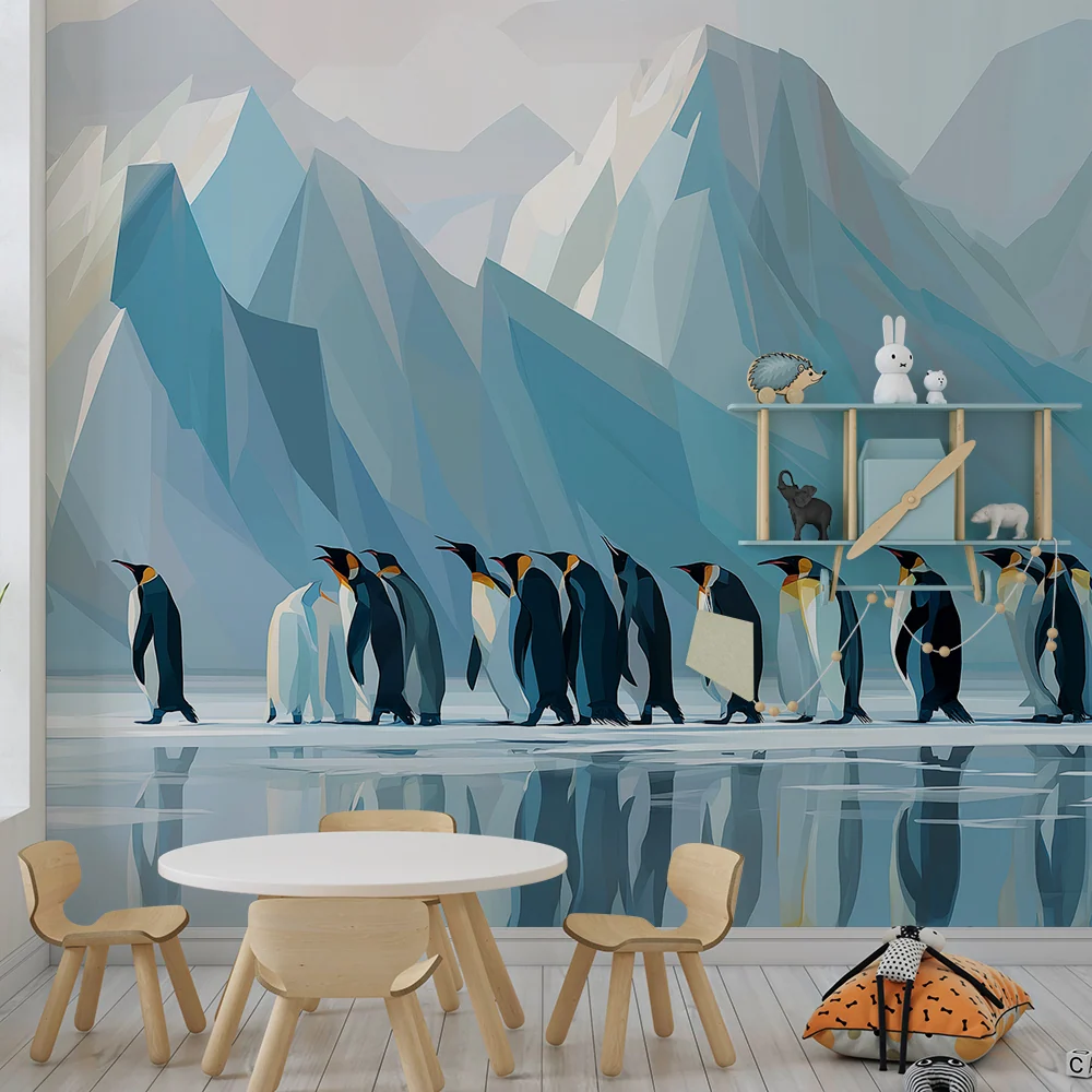 Papier peint chambre enfant | Pingouins marchant sur la glace avec montagnes en arrière-plan