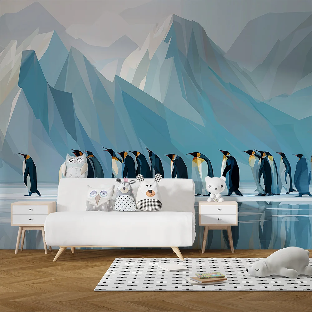 Papier peint chambre enfant | Pingouins marchant sur la glace avec montagnes en arrière-plan