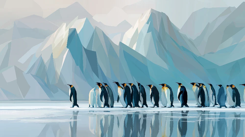 Papier peint chambre enfant | Pingouins marchant sur la glace avec montagnes en arrière-plan