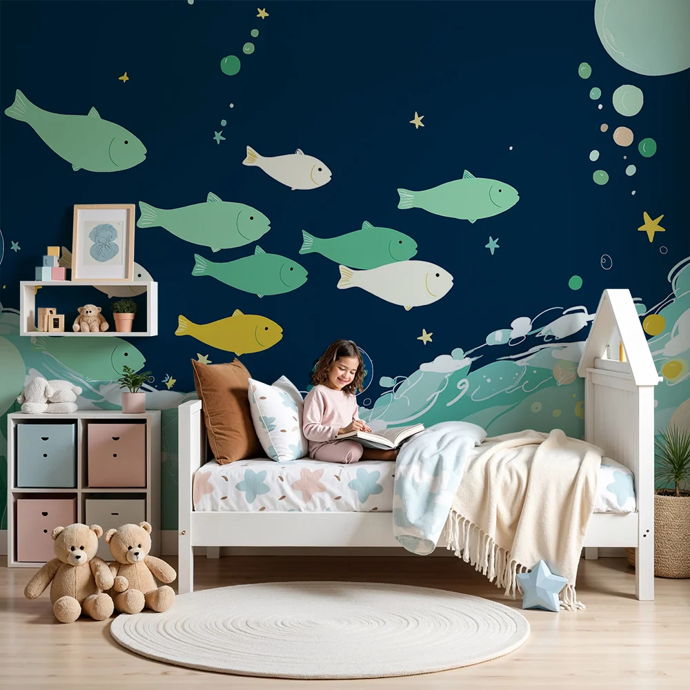 Papier peint chambre enfant | Poissons colorés et vagues marines sur fond bleu nuit