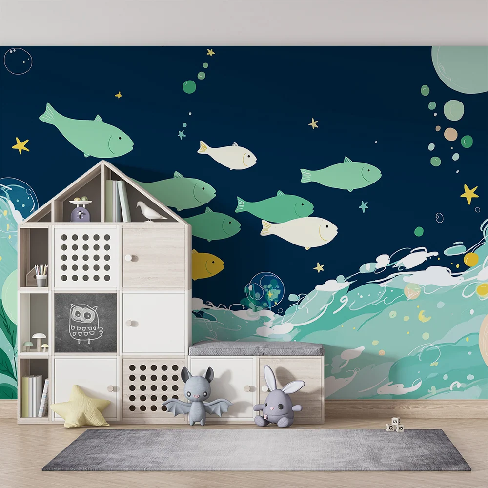 Papier peint chambre enfant | Poissons colorés et vagues marines sur fond bleu nuit