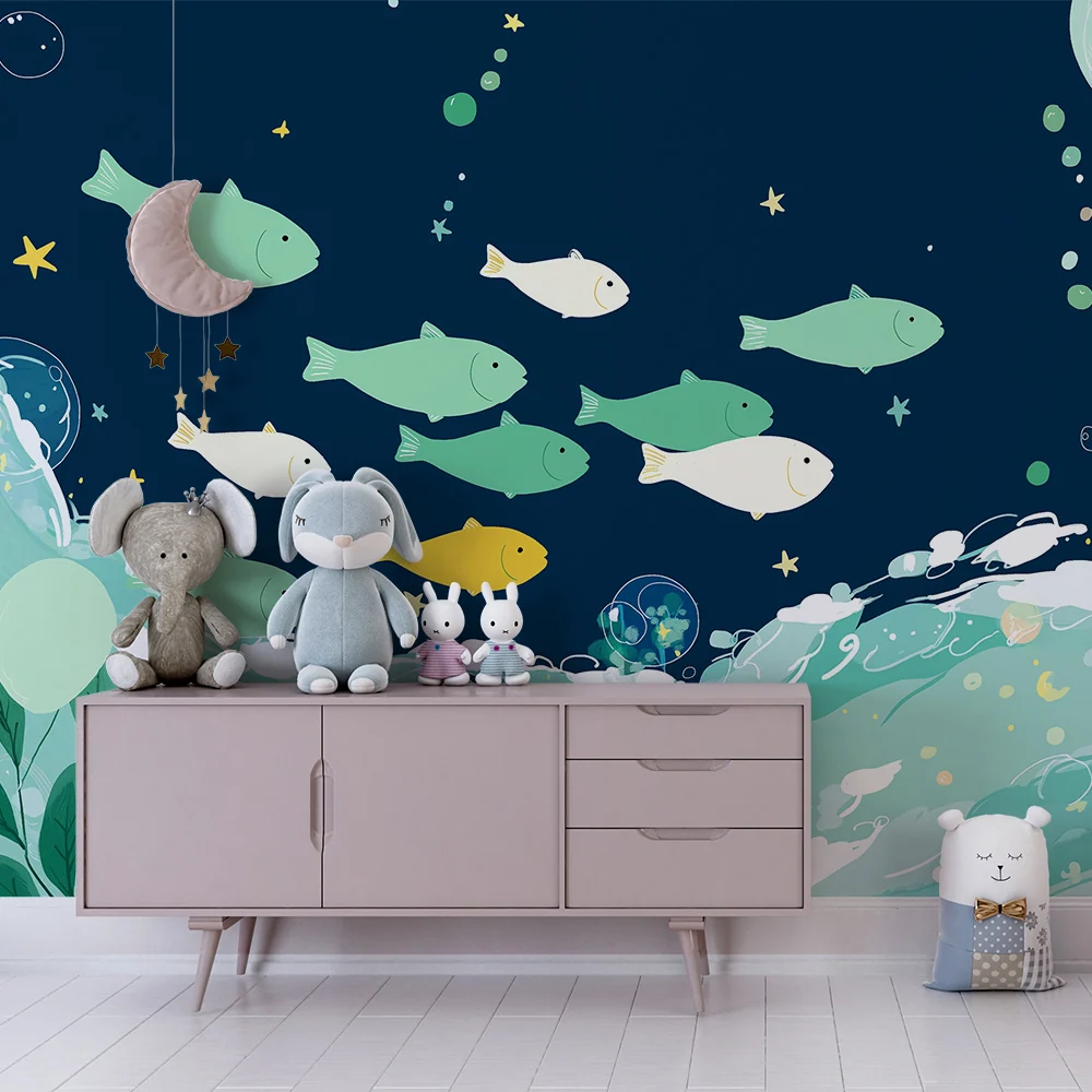 Papier peint chambre enfant | Poissons colorés et vagues marines sur fond bleu nuit