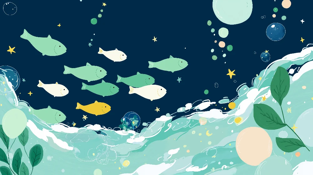 Papier peint chambre enfant | Poissons colorés et vagues marines sur fond bleu nuit