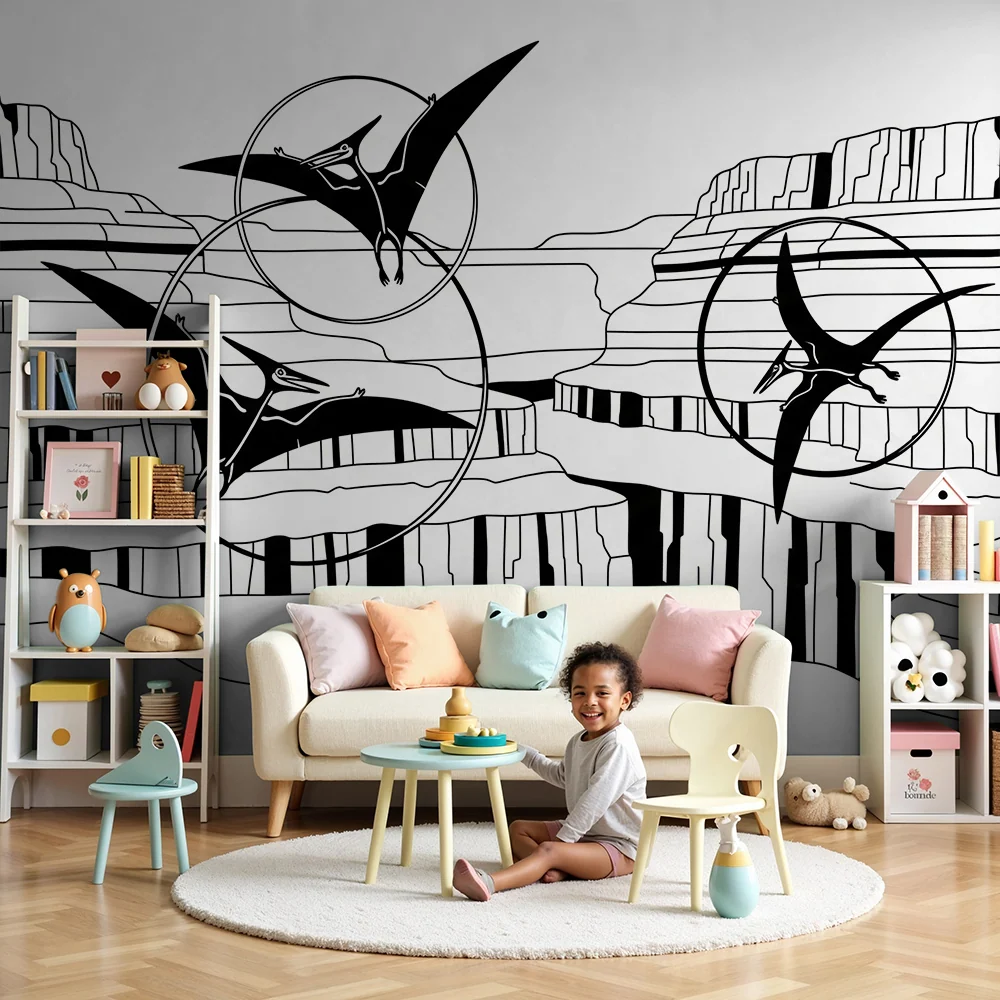 Papier peint chambre enfant | Ptérodactyles en vol au-dessus des canyons