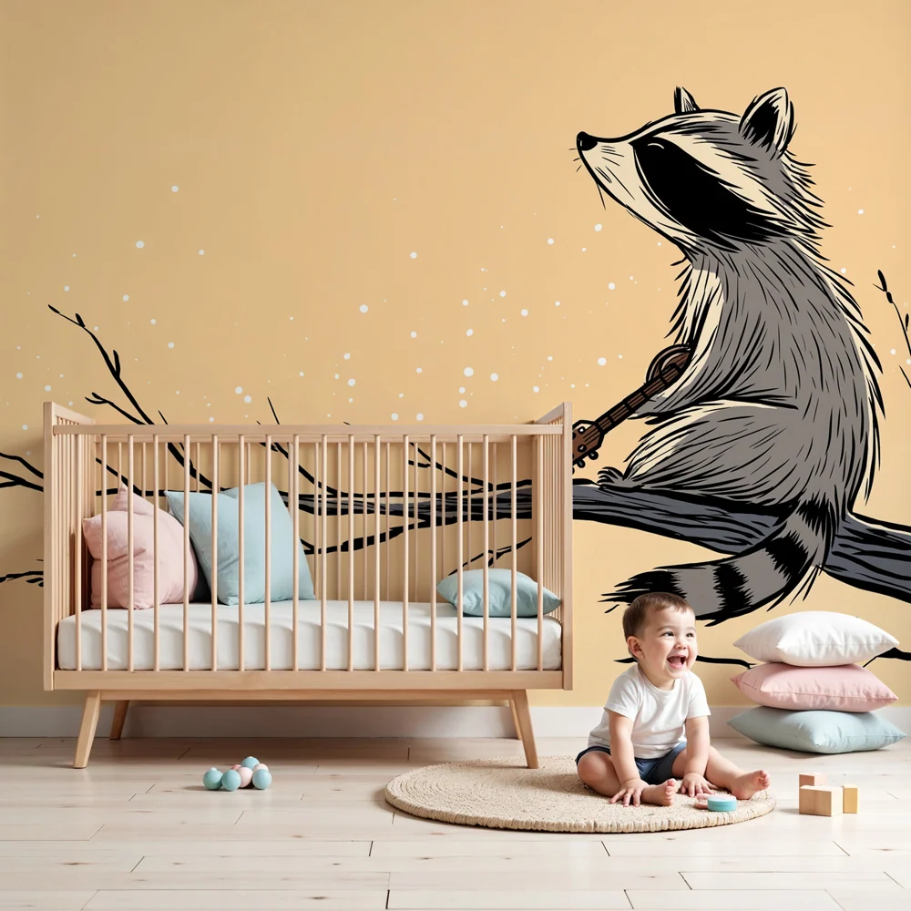 Papier peint chambre enfant | Raton laveur musiciens sous les étoiles