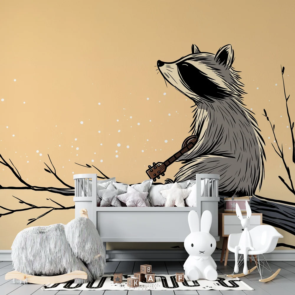 Papier peint chambre enfant | Raton laveur musiciens sous les étoiles