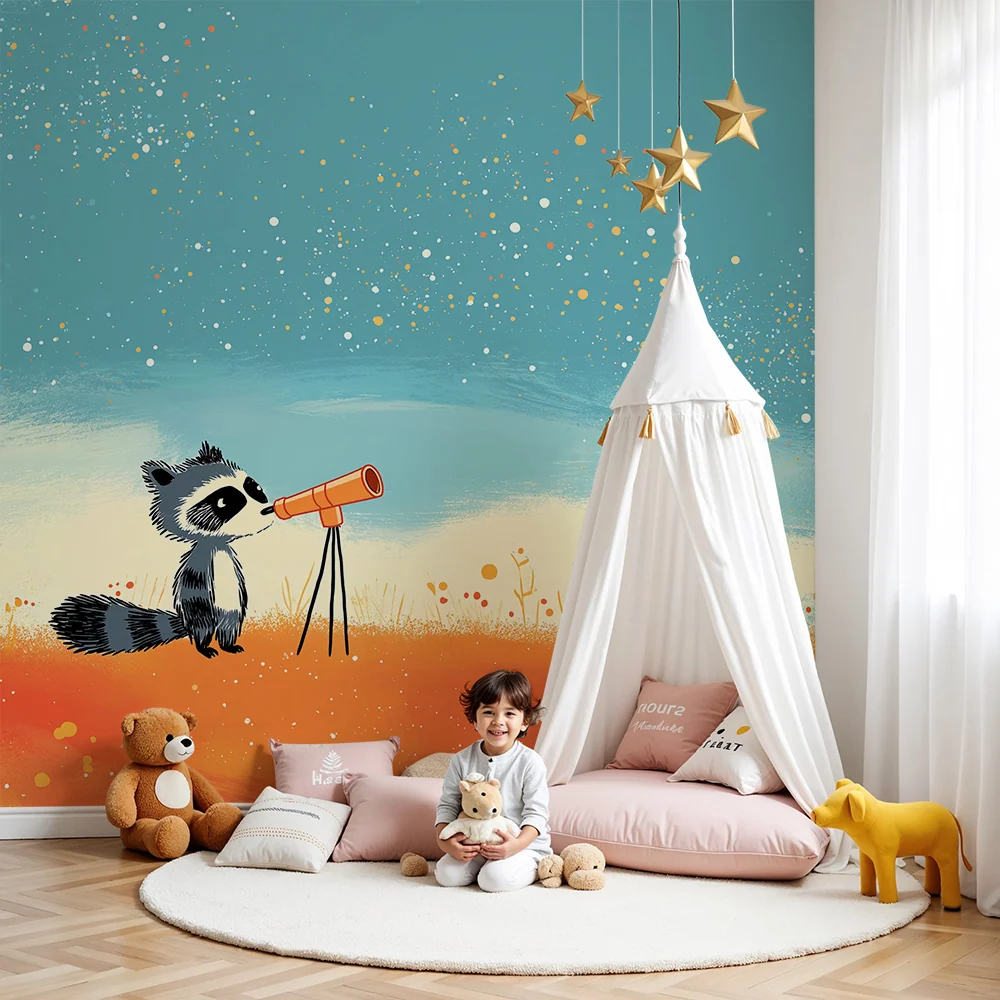 Papier peint chambre enfant | Raton laveur curieux avec télescope sous un ciel étoilé
