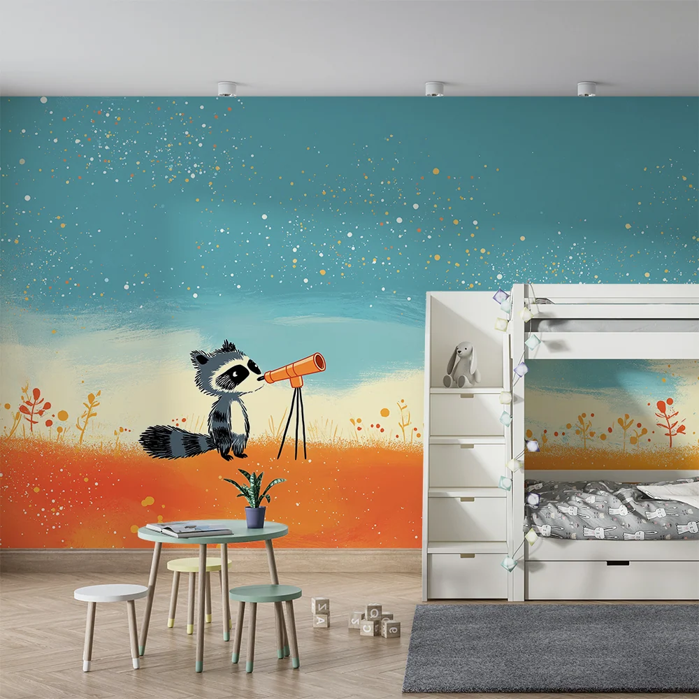 Papier peint chambre enfant | Raton laveur curieux avec télescope sous un ciel étoilé