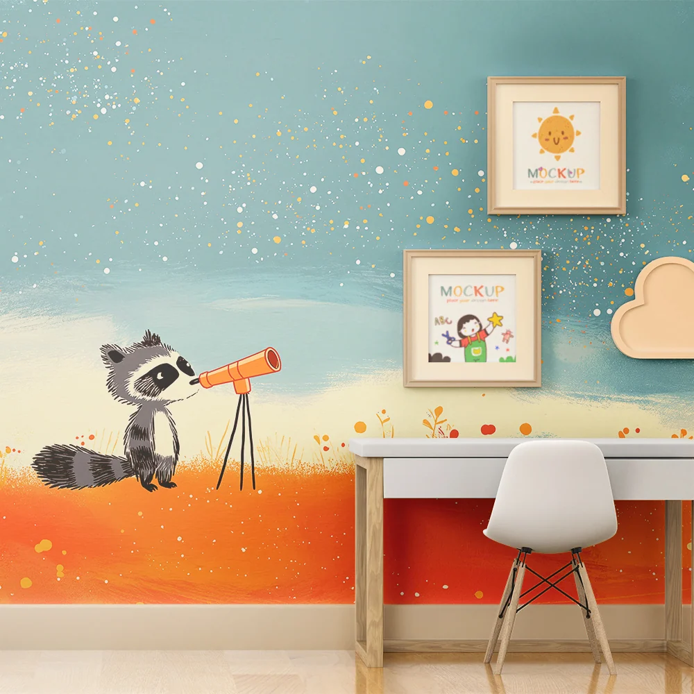 Papier peint chambre enfant | Raton laveur curieux avec télescope sous un ciel étoilé
