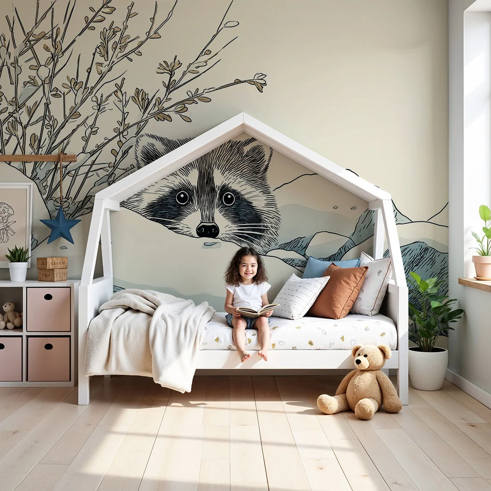 Papier peint chambre enfant | Raton laveur curieux parmi les rochers enneigés