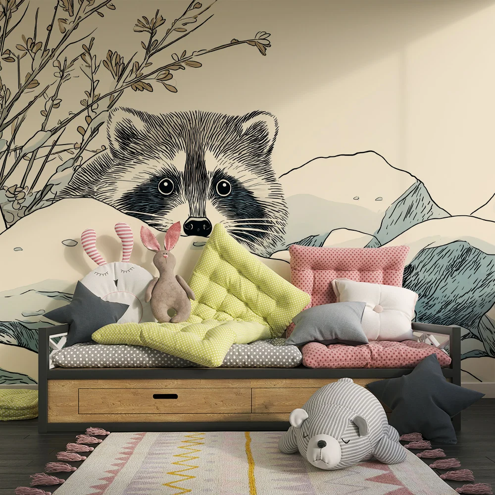 Papier peint chambre enfant | Raton laveur curieux parmi les rochers enneigés