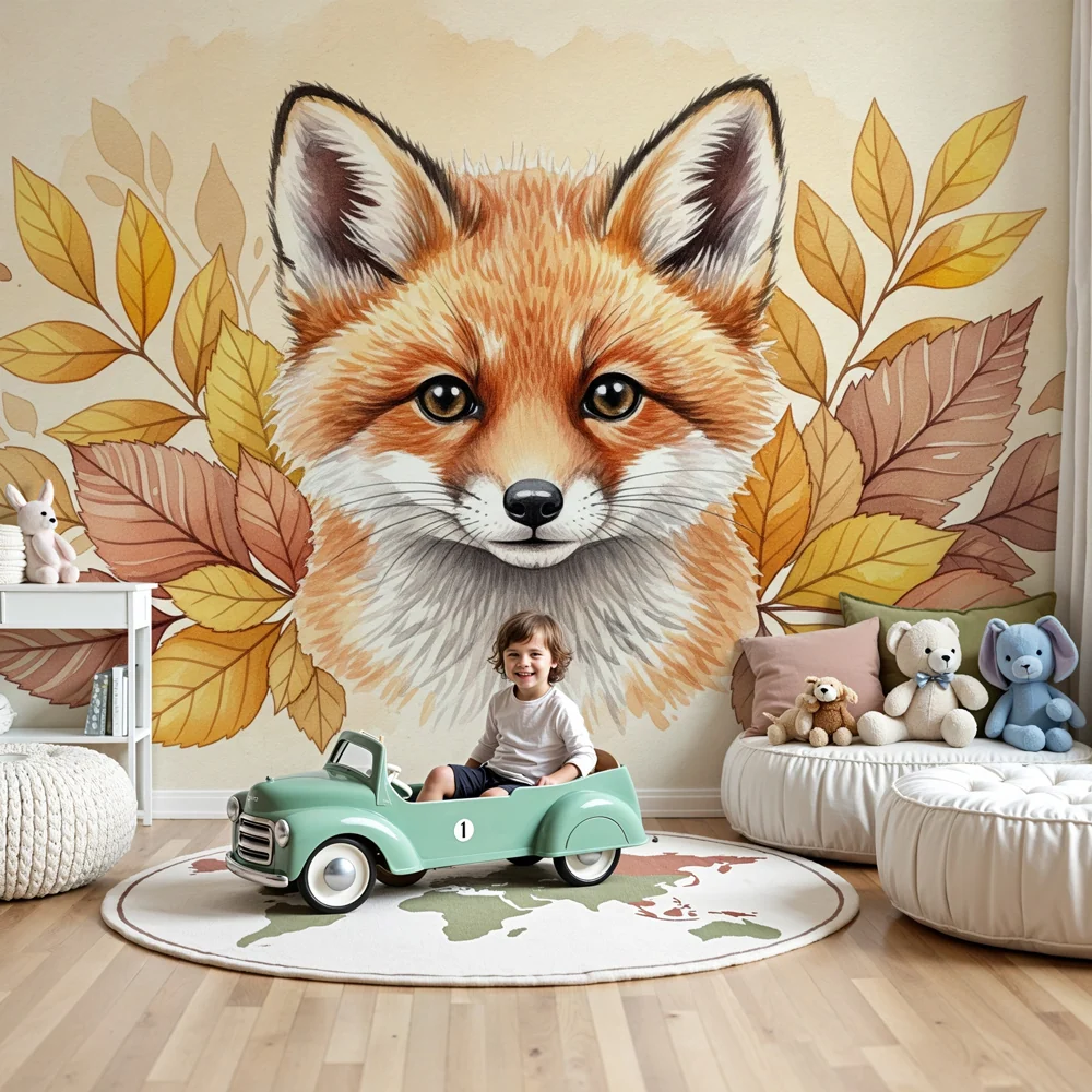 Papier peint chambre enfant | Renard artistique et feuilles d'automne
