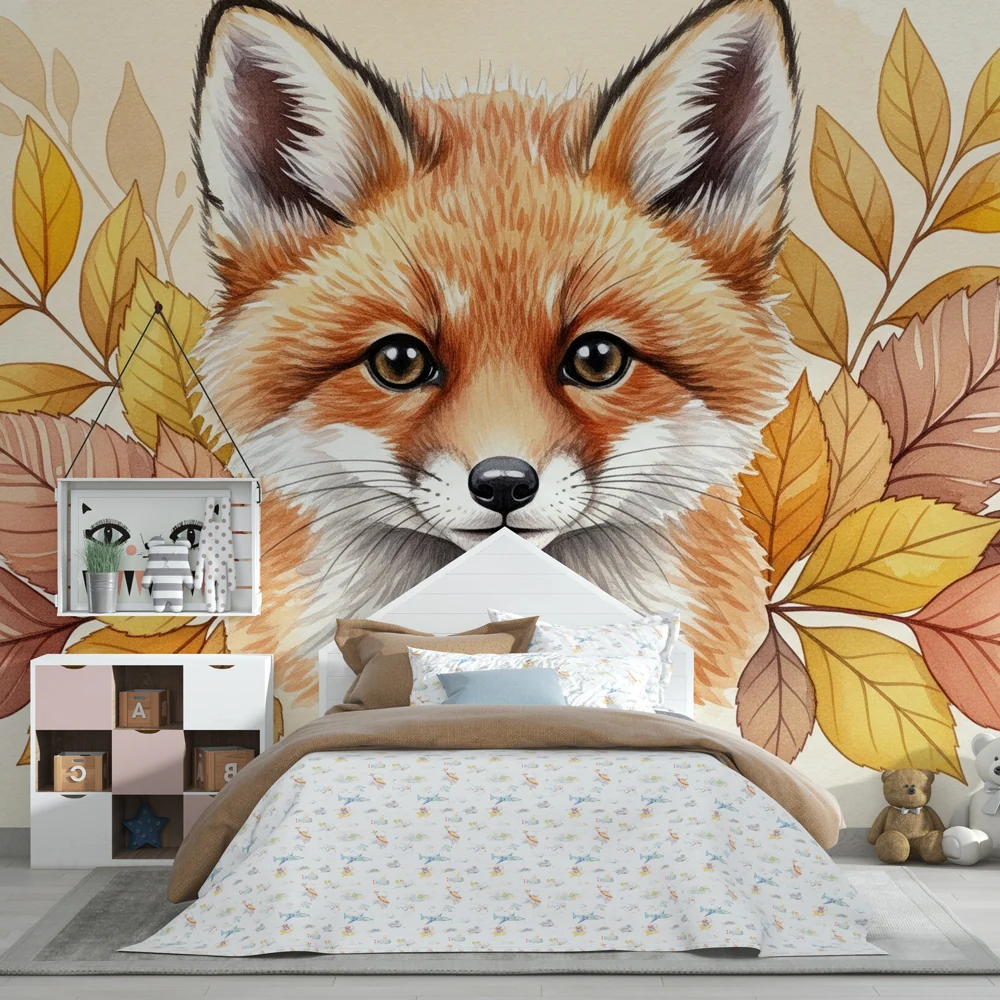 Papier peint chambre enfant | Renard artistique et feuilles d'automne