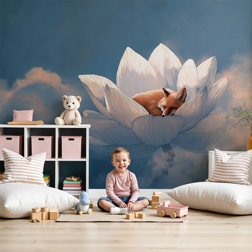 Papier peint chambre enfant | Renard endormi dans une fleur de lotus sous un ciel étoilé