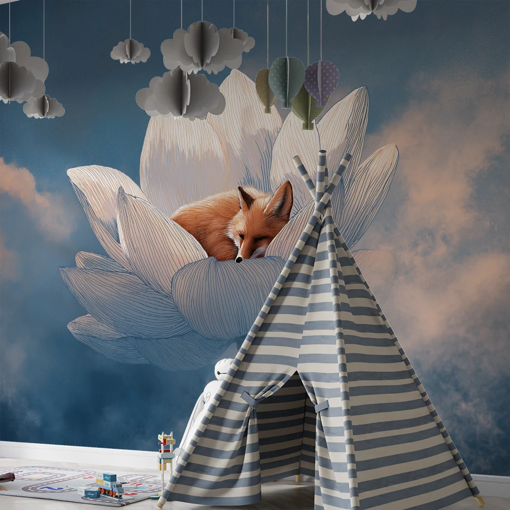 Papier peint chambre enfant | Renard endormi dans une fleur de lotus sous un ciel étoilé