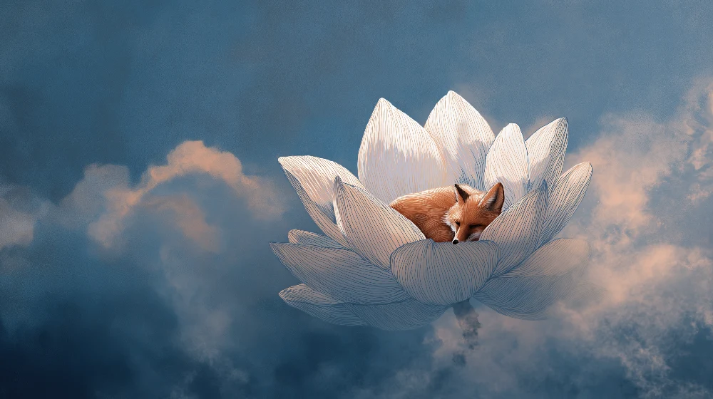 Papier peint chambre enfant | Renard endormi dans une fleur de lotus sous un ciel étoilé