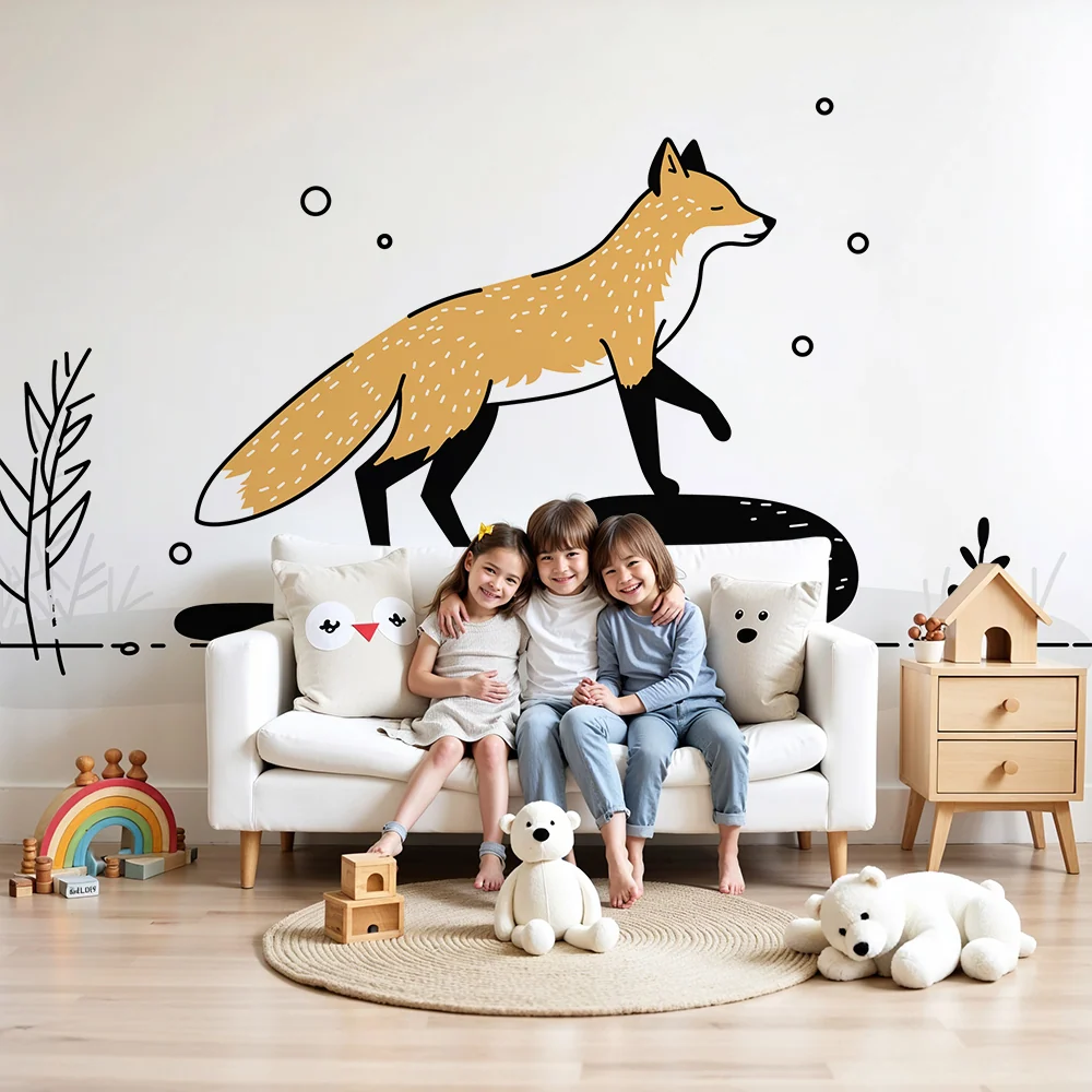 Papier peint chambre enfant | Renard espiègle sur des rochers avec des éléments naturels