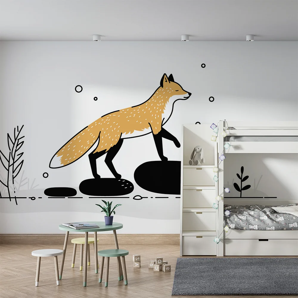 Papier peint chambre enfant | Renard espiègle sur des rochers avec des éléments naturels