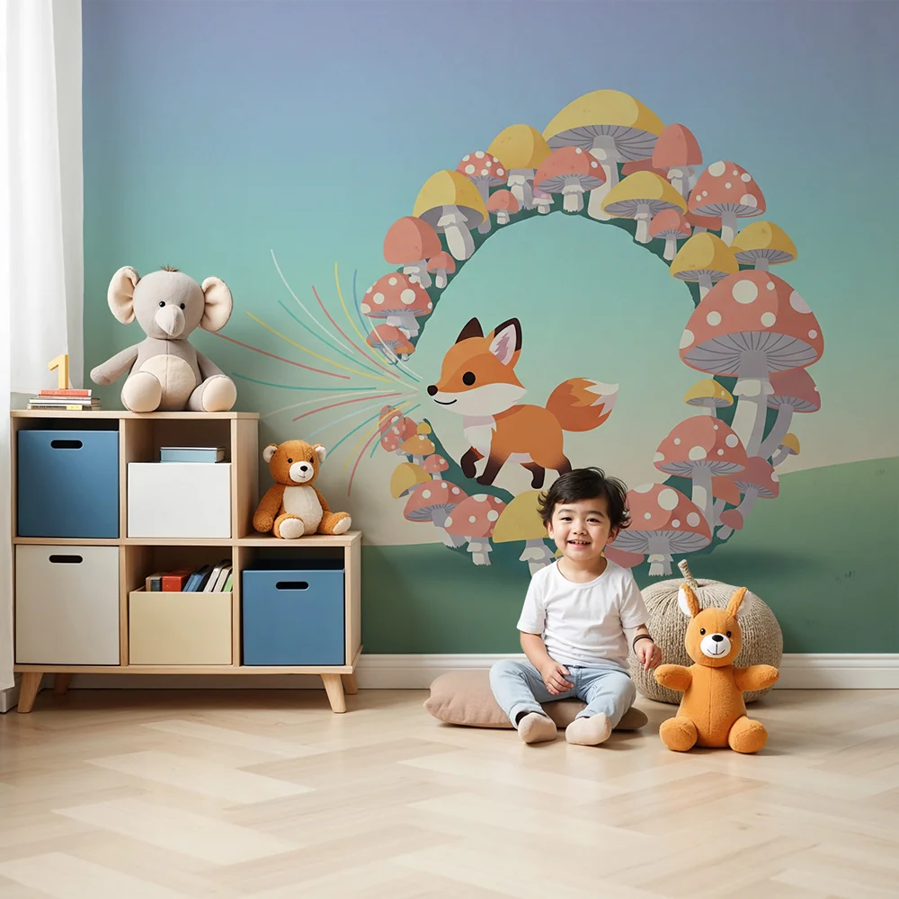 Papier peint chambre enfant | Renard espiègle au milieu de champignons colorés