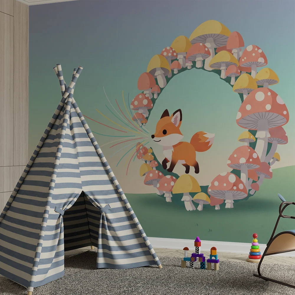 Papier peint chambre enfant | Renard espiègle au milieu de champignons colorés