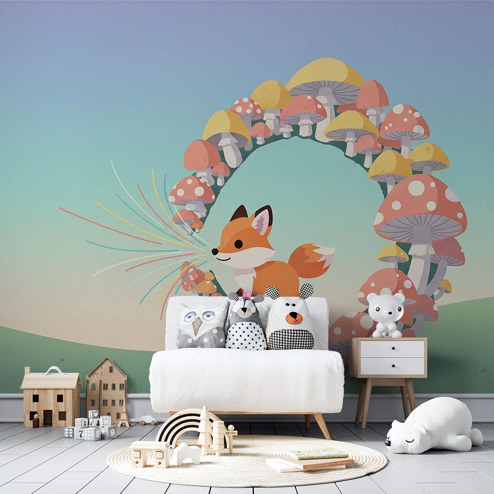 Papier peint chambre enfant | Renard espiègle au milieu de champignons colorés