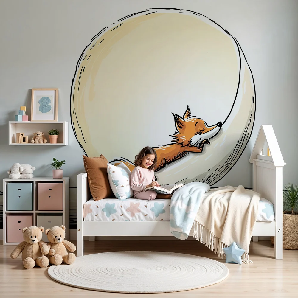Papier peint chambre enfant | Renard espiègle et œuf géant dans un paysage ludique
