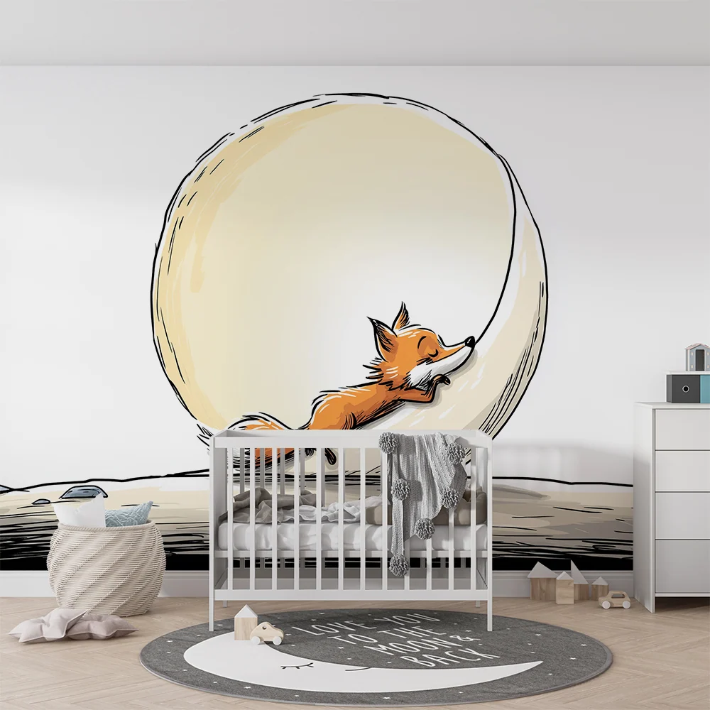 Papier peint chambre enfant | Renard espiègle et œuf géant dans un paysage ludique