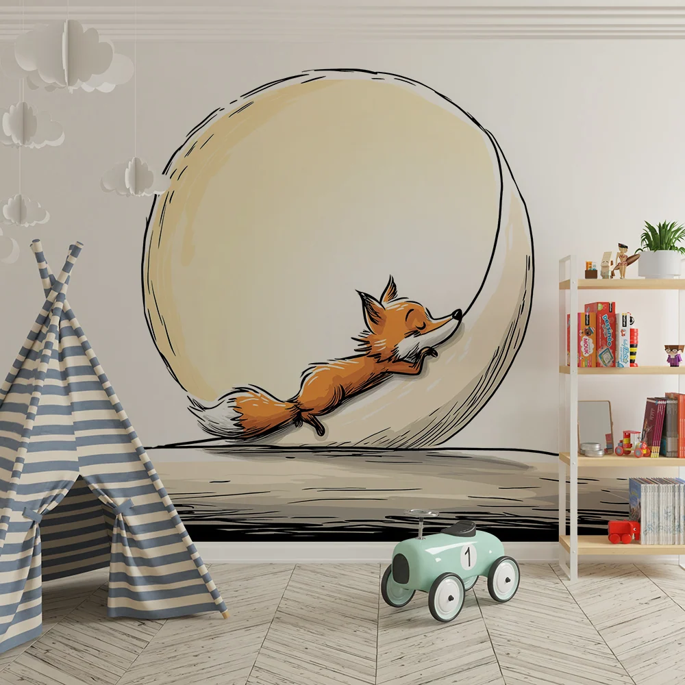 Papier peint chambre enfant | Renard espiègle et œuf géant dans un paysage ludique