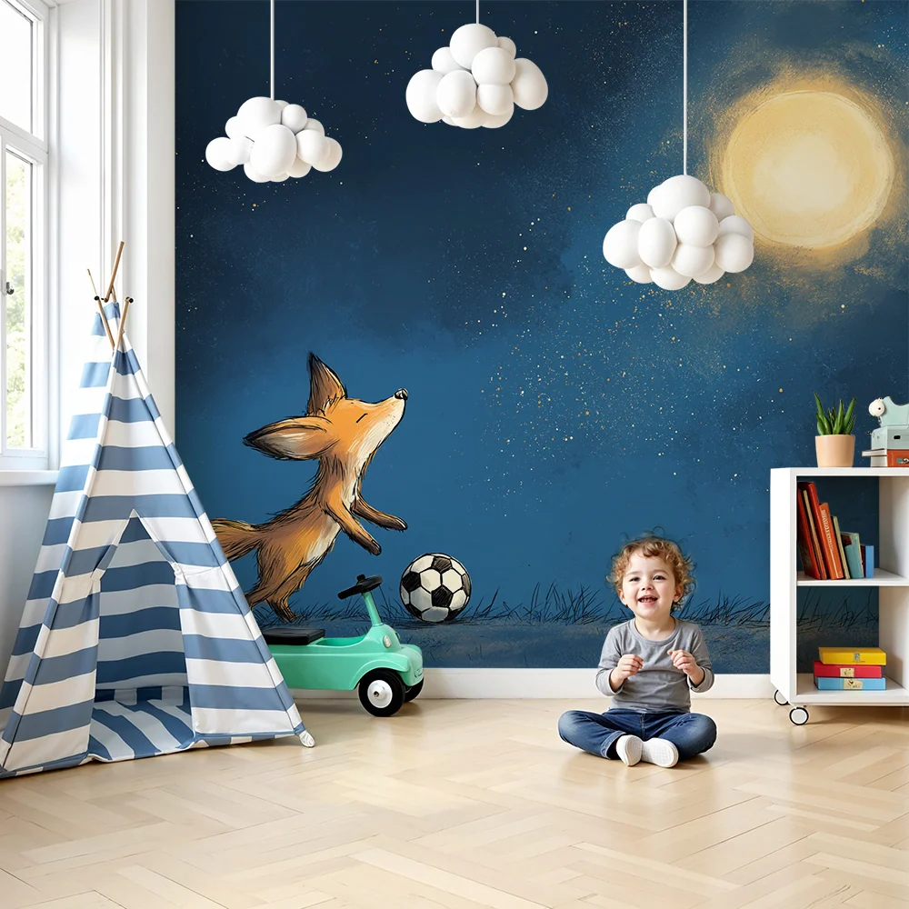 Papier peint chambre enfant | Renard joueur de football sous la lune étoilée