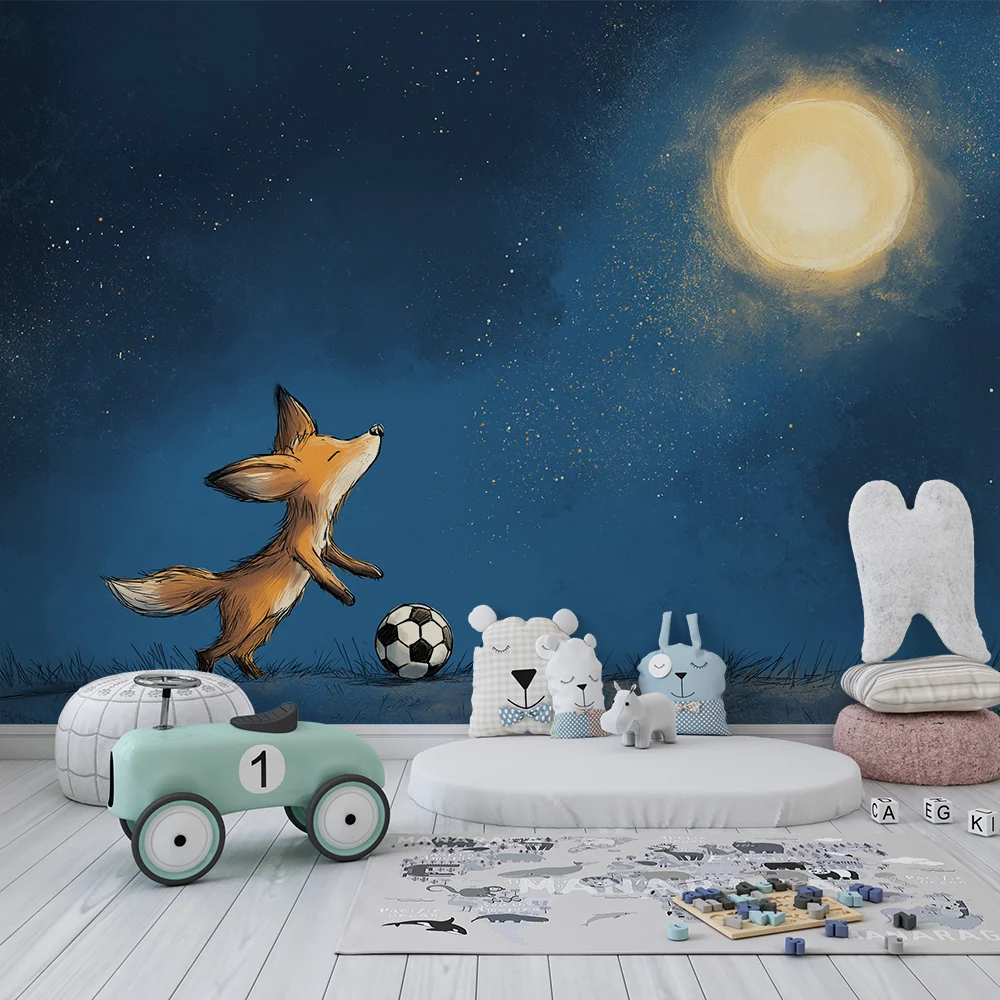 Papier peint chambre enfant | Renard joueur de football sous la lune étoilée