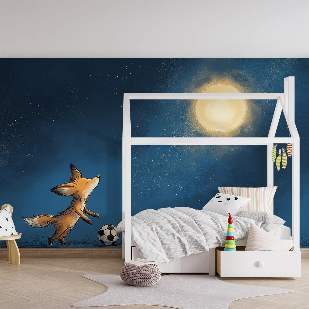 Papier peint chambre enfant | Renard joueur de football sous la lune étoilée