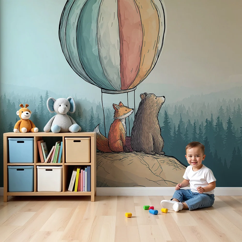 Papier peint chambre enfant | Renard et ours sous un ballon dirigeable dans la êt