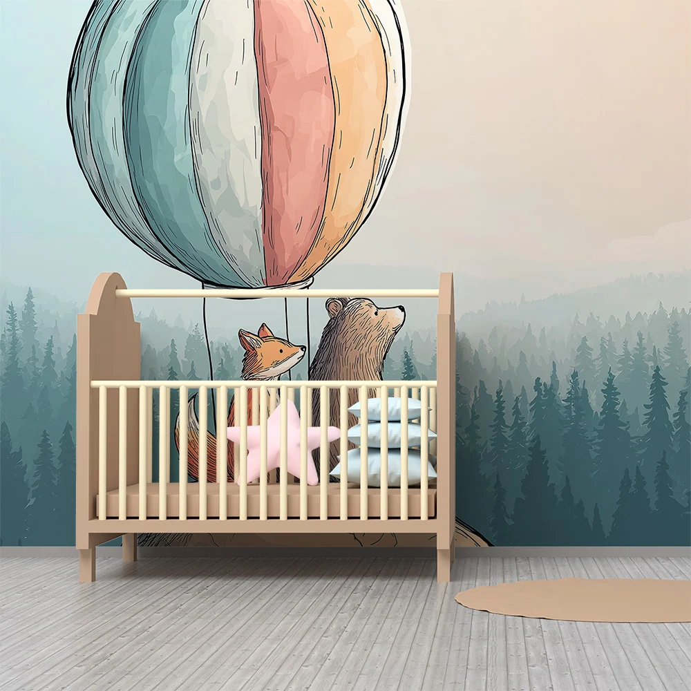 Papier peint chambre enfant | Renard et ours sous un ballon dirigeable dans la êt