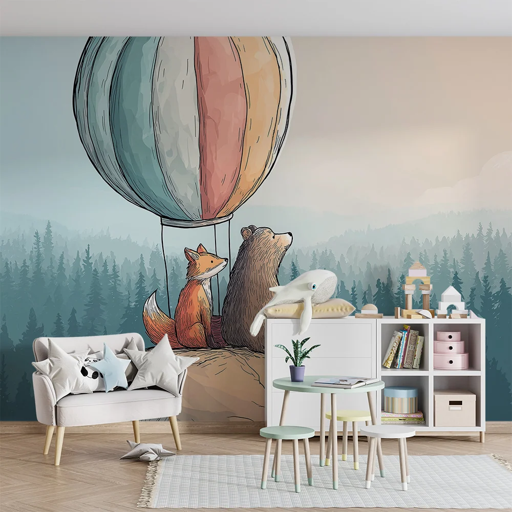 Papier peint chambre enfant | Renard et ours sous un ballon dirigeable dans la êt