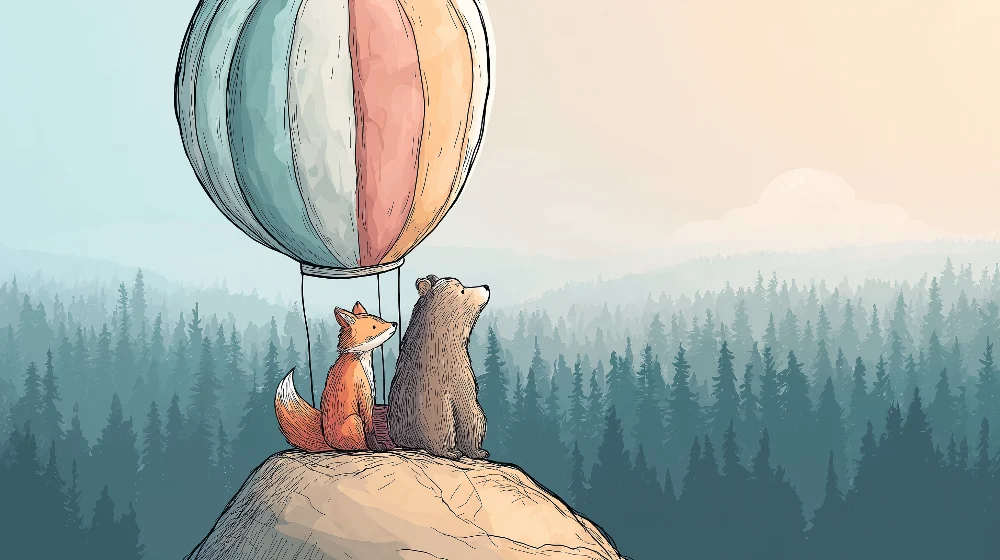 Papier peint chambre enfant | Renard et ours sous un ballon dirigeable dans la êt