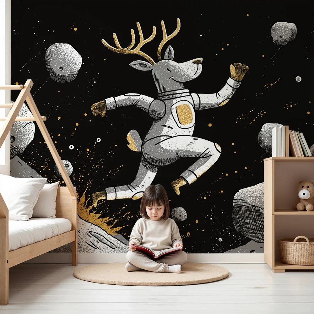 Papier peint chambre enfant | Renne astronaute dans l'espace