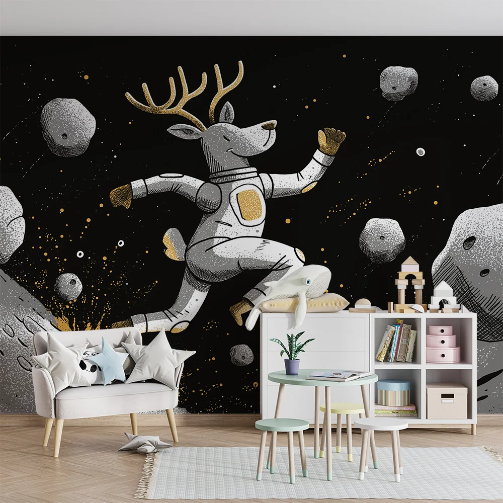Papier peint chambre enfant | Renne astronaute dans l'espace