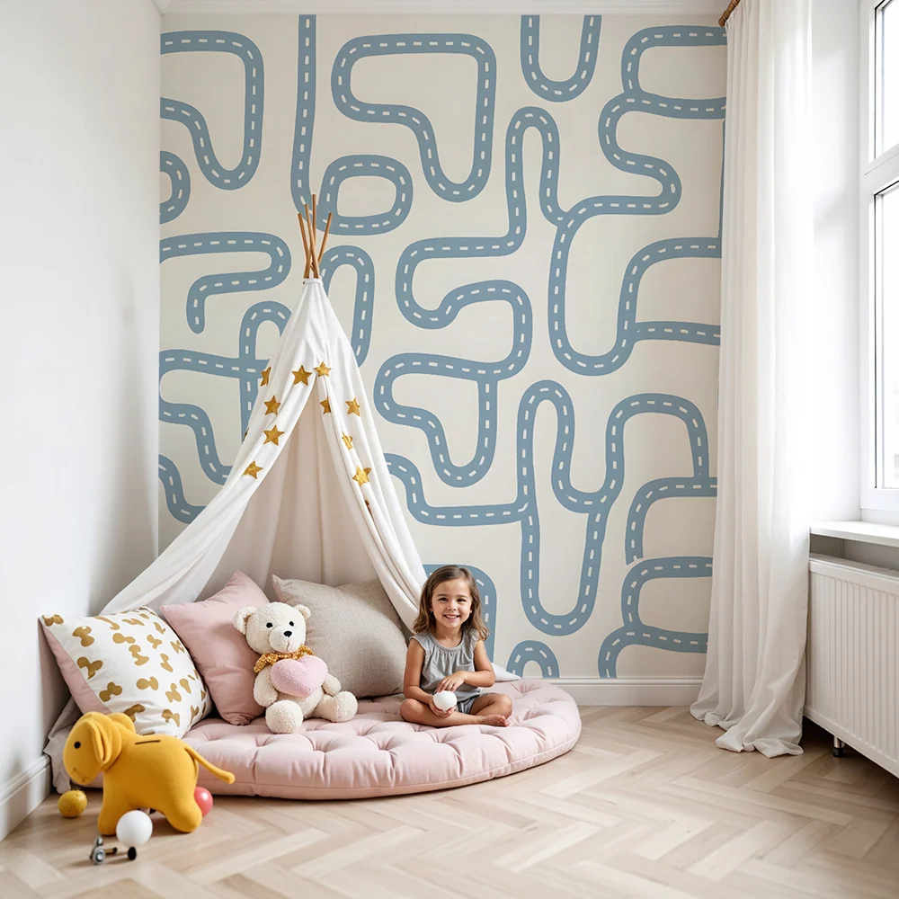 Papier peint chambre enfant | Routes sinueuses bleu ciel