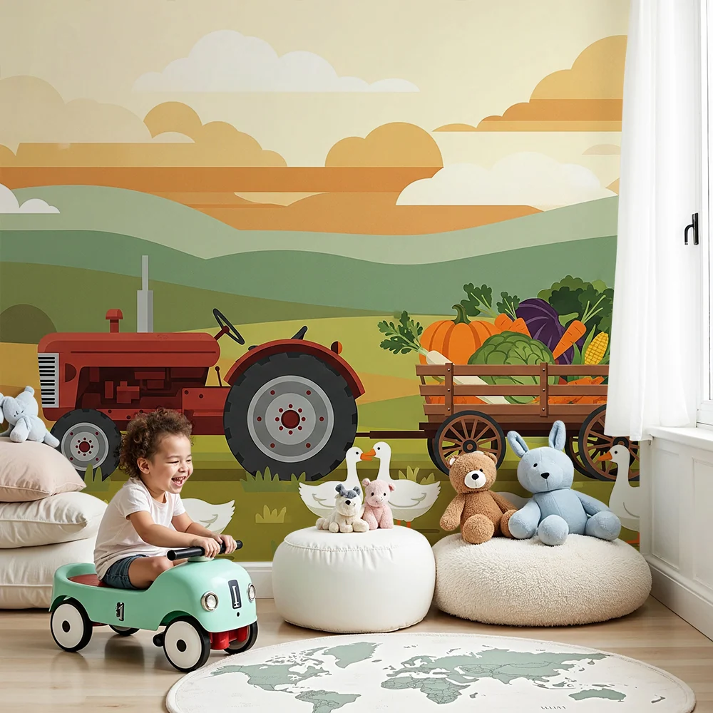 Papier peint chambre enfant | Scène de ferme avec tracteur et animaux