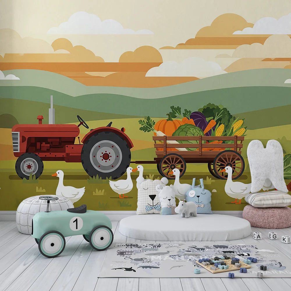 Papier peint chambre enfant | Scène de ferme avec tracteur et animaux