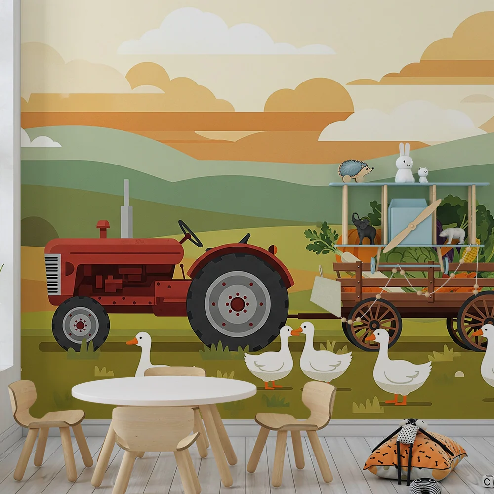 Papier peint chambre enfant | Scène de ferme avec tracteur et animaux