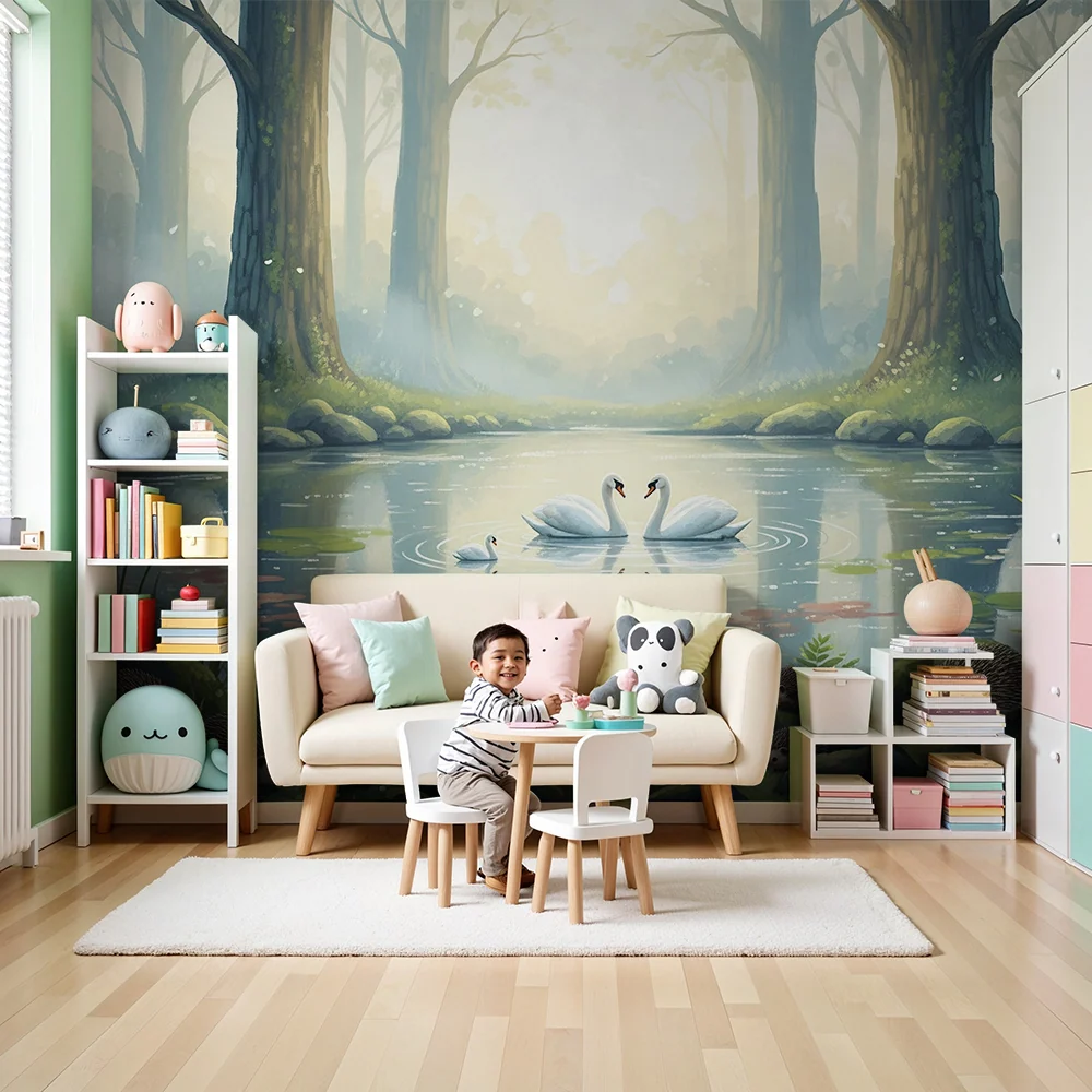 Papier peint chambre enfant | Scène paisible de cygnes et hérissons au bord d'un lac