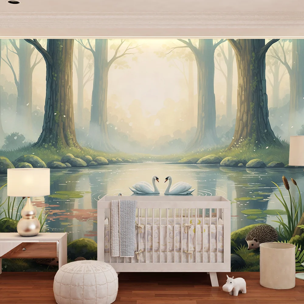 Papier peint chambre enfant | Scène paisible de cygnes et hérissons au bord d'un lac