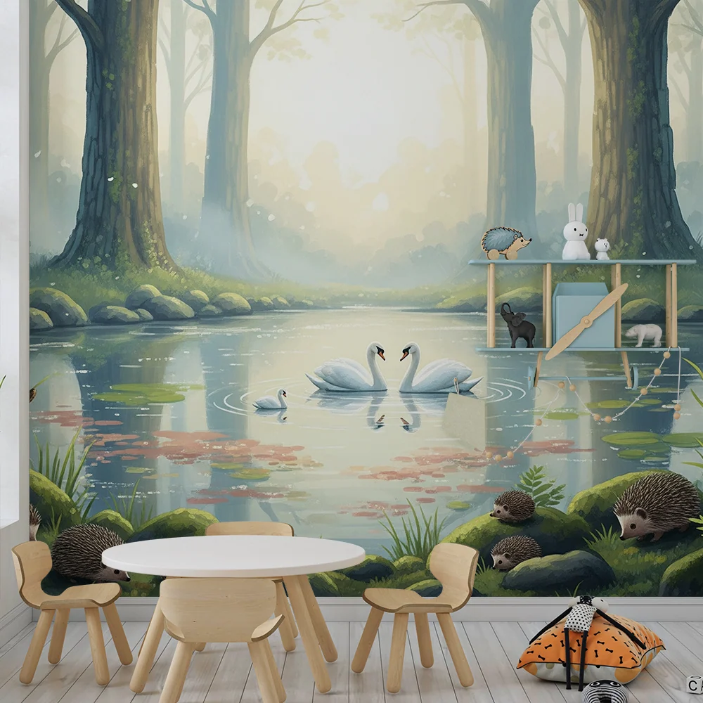 Papier peint chambre enfant | Scène paisible de cygnes et hérissons au bord d'un lac